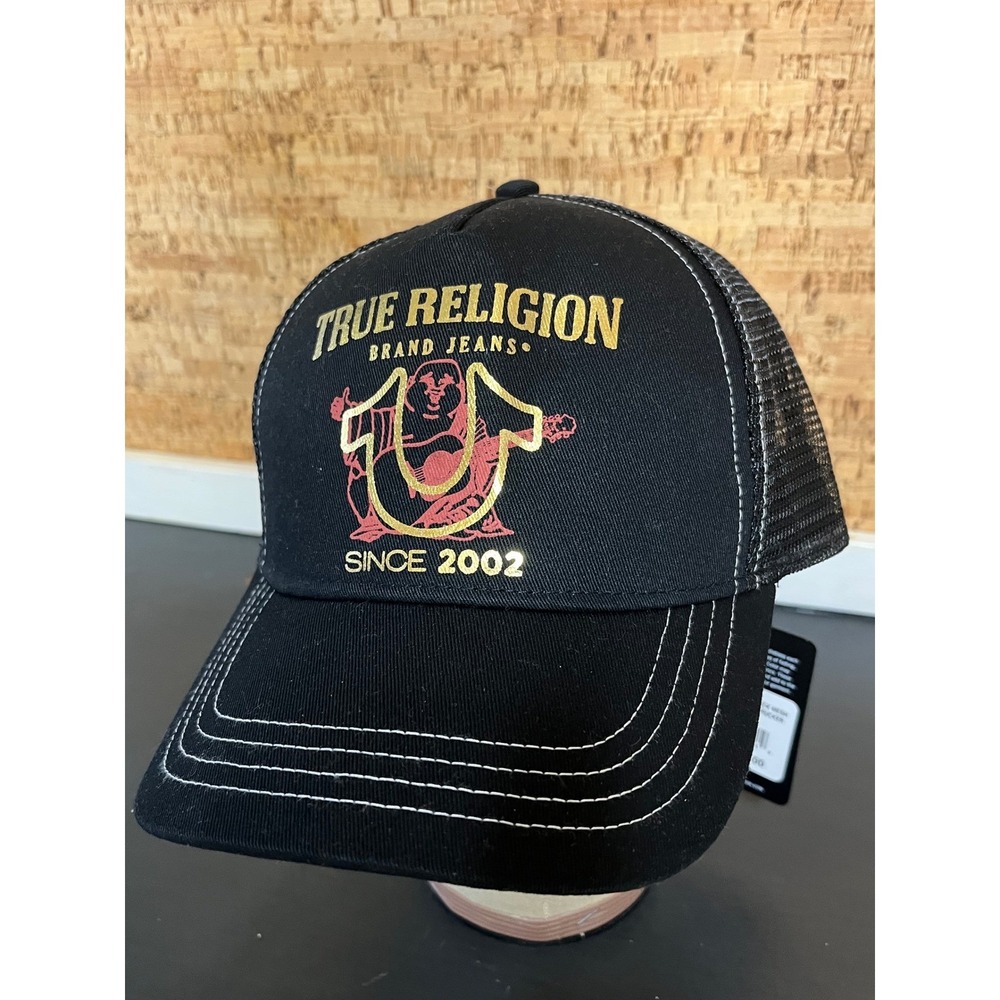 True Religion Mens Black Gold Buddha Logo Mesh Trucker Hat Snapback TR4108 NWT